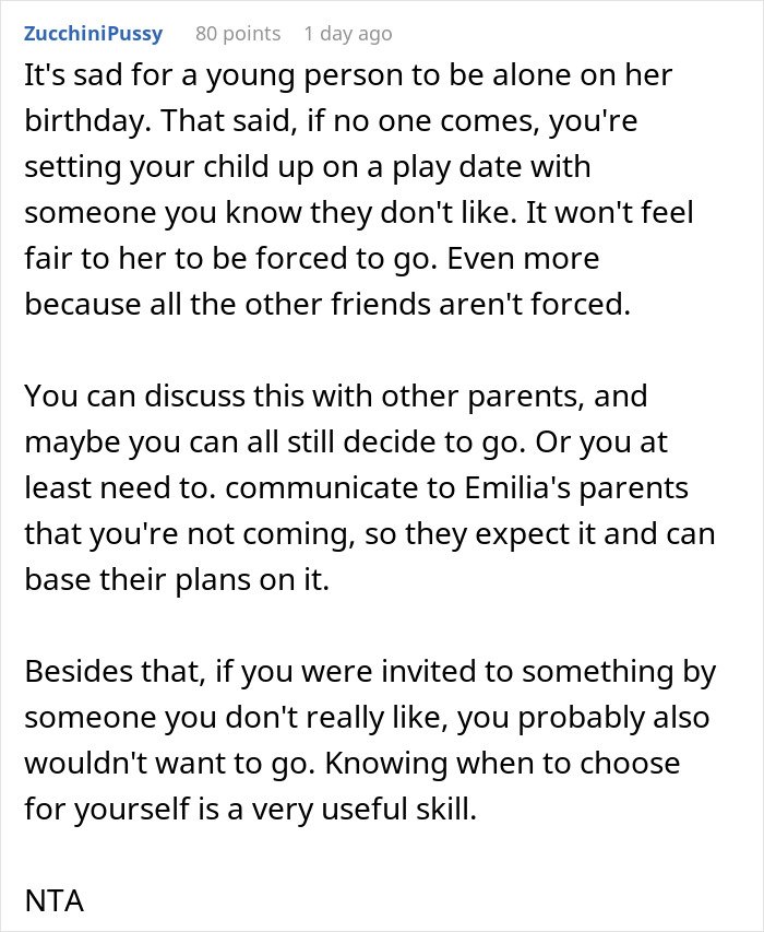 Reddit comment discussing parent wonders if daughter should attend a birthday party alone when others skip