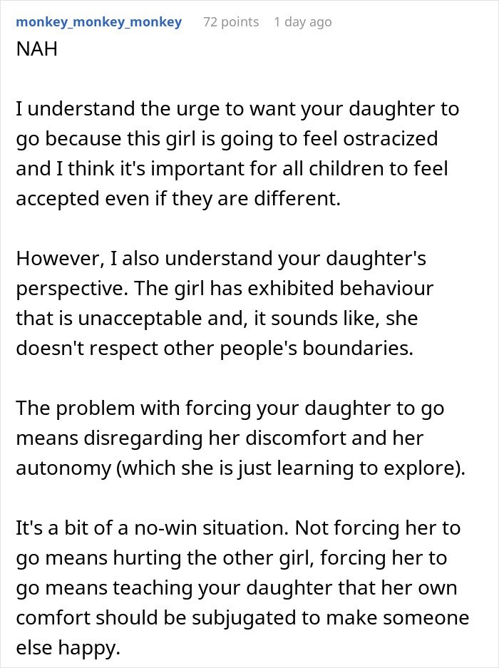 Reddit comments about a parent wonders if daughter should attend a birthday others are skipping