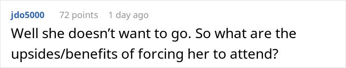 Reddit comment asking about whether to make daughter attend a birthday everyone is skipping