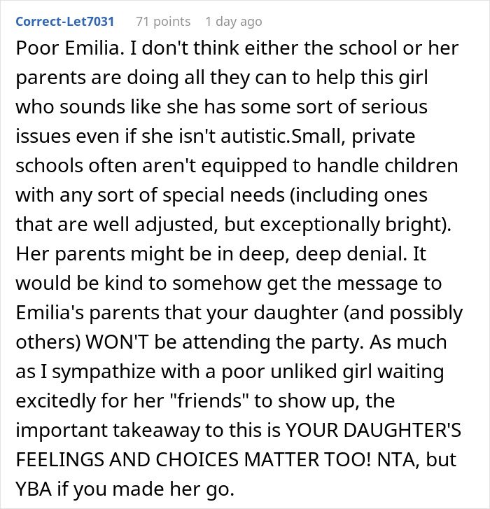 Screenshot of Reddit comment about a parent, I Am Torn, debating making daughter attend a birthday others are skipping