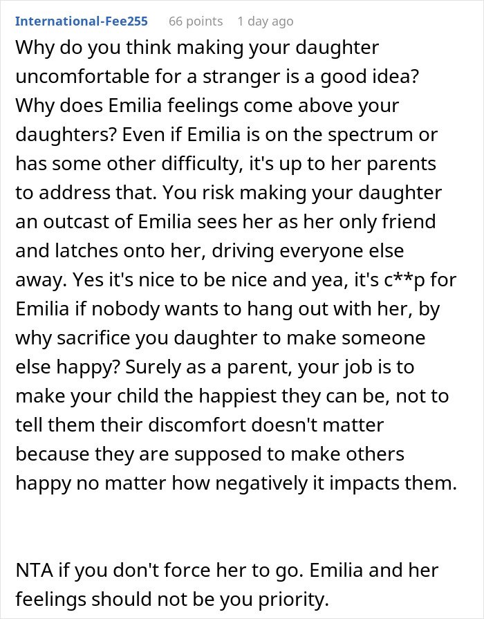 Forum screenshot of a comment arguing a parent wonders whether to make daughter attend a birthday everyone is skipping.
