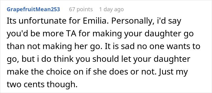 Reddit comment about parent wonders whether to make daughter attend a birthday, suggests letting daughter choose.