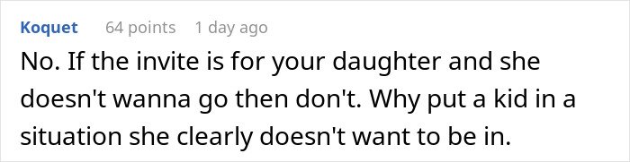 Reddit screenshot: user Koquet advises parents not to make daughter attend birthday; black text on white background.