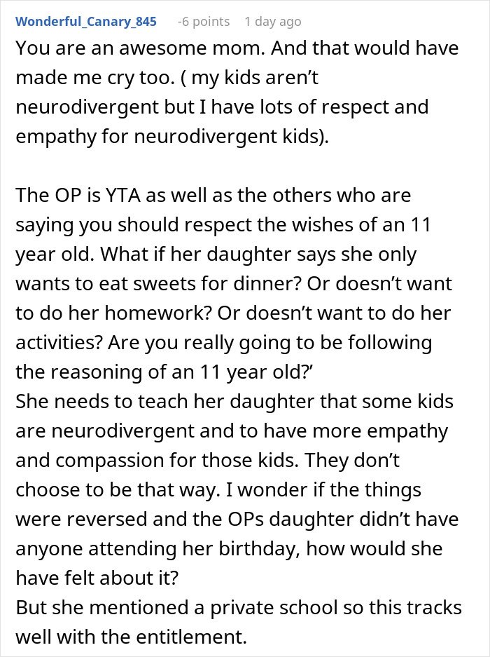 Reddit comment screenshot about parent wonders whether to make daughter attend birthday and neurodivergent kids