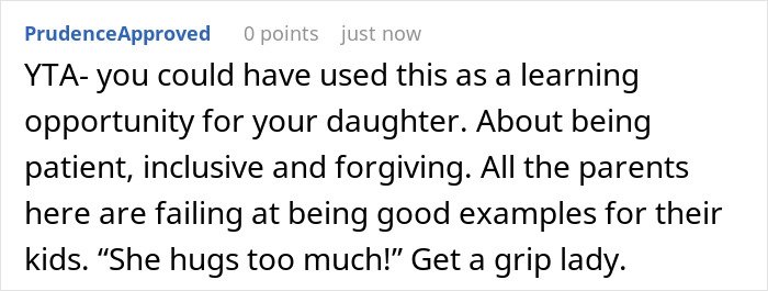 Online comment urging parent to teach daughter patience and inclusivity; parent wonders about making her attend birthday