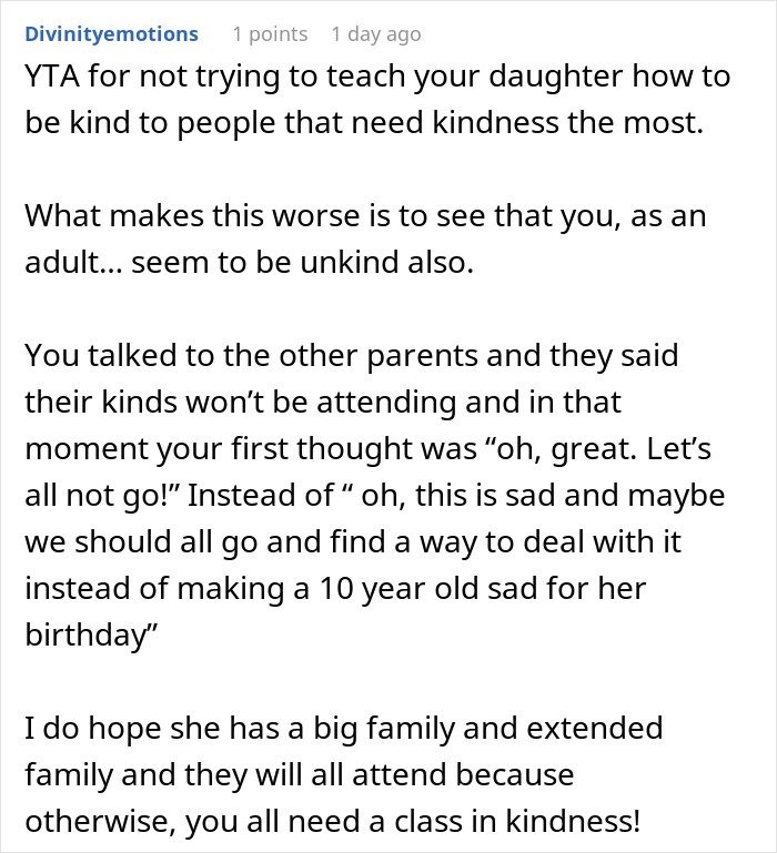 Screenshot of forum comment calling out a parent who wonders about making daughter attend a birthday others are skipping