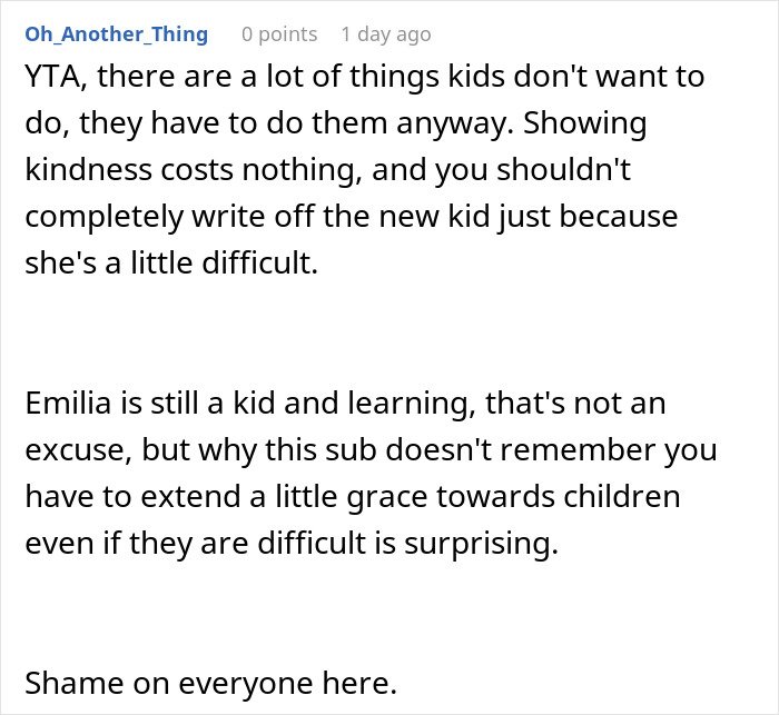 Reddit comment screenshot about parenting; parent wonders daughter attend birthday, urging kindness to difficult child.