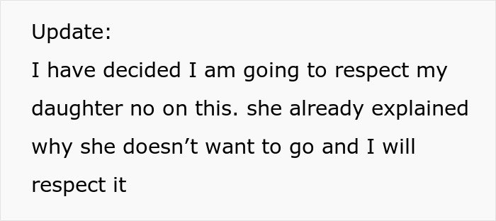 Screenshot of update text about a parent deciding to respect daughter's no and not make daughter attend birthday.