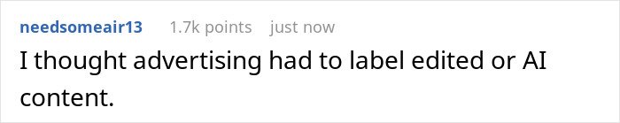 Reddit comment screenshot by needsomeair13 about labeling edited/AI content, referencing Rihanna lingerie photos