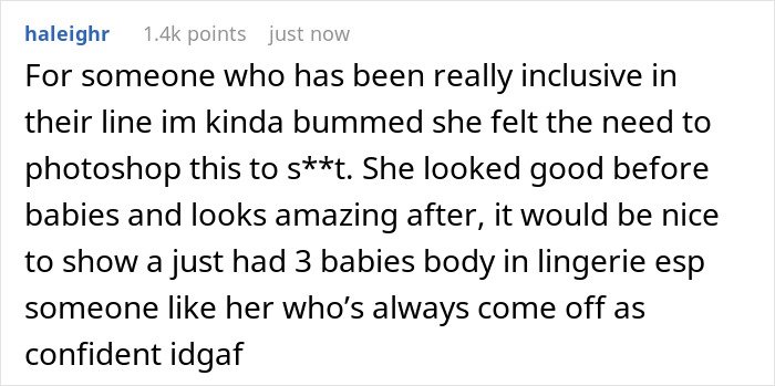Rihanna distorted lingerie photos, Reddit comment screenshot criticizing photoshopping and body inclusivity
