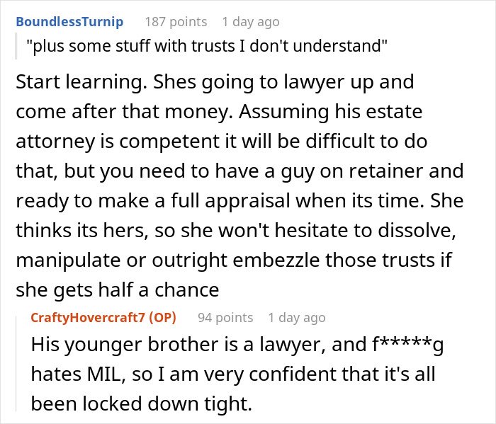 Reddit comments screenshot about trusts and inheritance, Greedy Mom reaction and family legal conflict.
