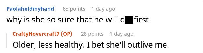Reddit comment screenshot about inheritance, mentioning Greedy Mom and a user saying she’ll outlive him.