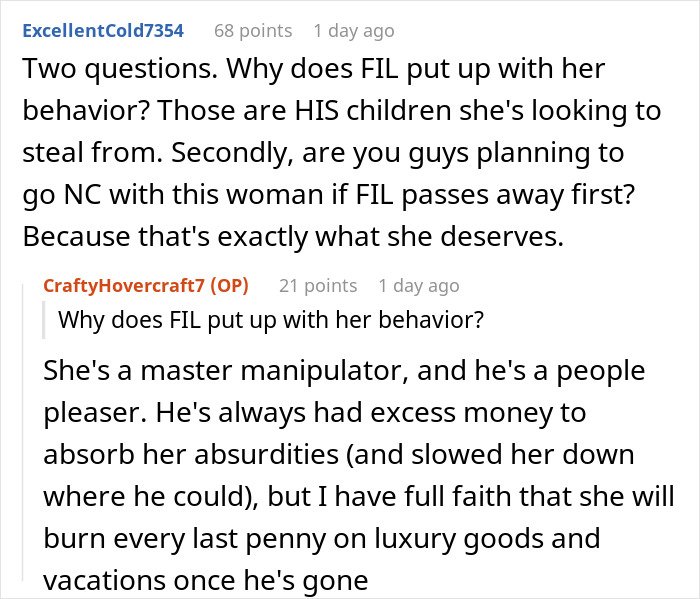 Reddit comment screenshot about Greedy Mom, inheritance plans and manipulative behavior between users.