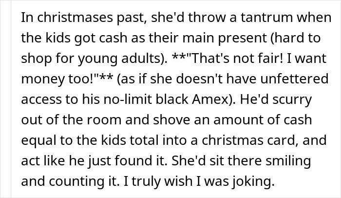 Greedy Mom reacting angrily to dad's inheritance plans shown as text excerpt on a white page