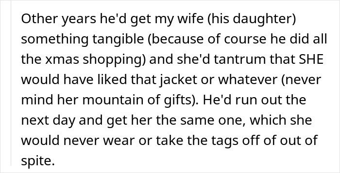 Screenshot of paragraph about family gift fights and a greedy mom reacting to dad's inheritance plans
