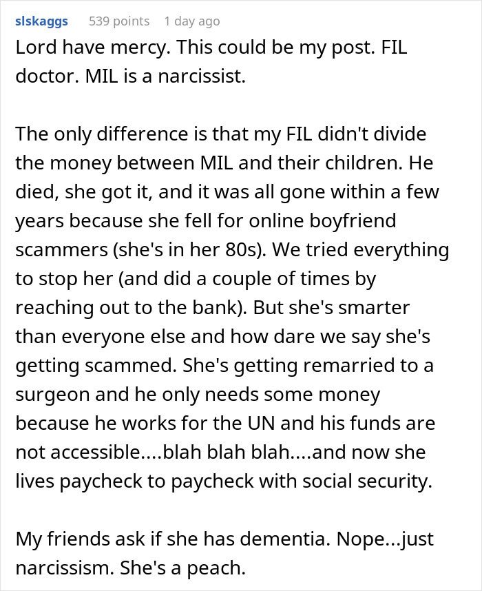 Reddit screenshot discussing greedy mom and inheritance plans, comment recounting MIL losing money to scams