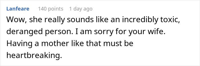 Reddit comment screenshot about a Greedy Mom called toxic and heartbreaking for the wife