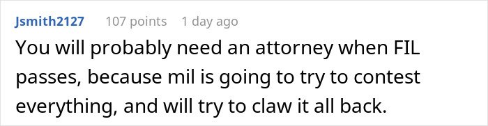 Screenshot of Reddit comment warning to hire an attorney as Greedy Mom will contest inheritance plans