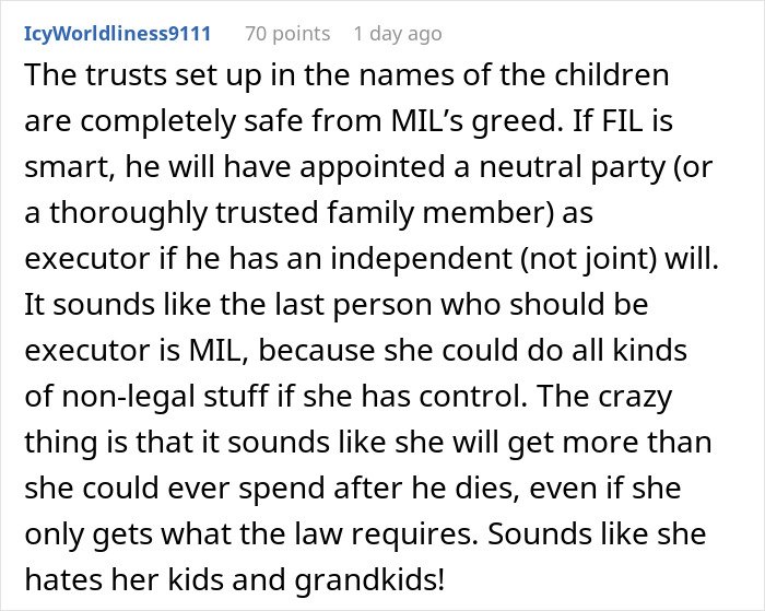 Screenshot of Reddit comment about a greedy mom and inheritance plans, trusts and executor concerns