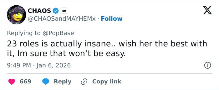 Tweet screenshot referencing Cynthia Erivo: CHAOS says 23 roles is actually insane, wishing her the best