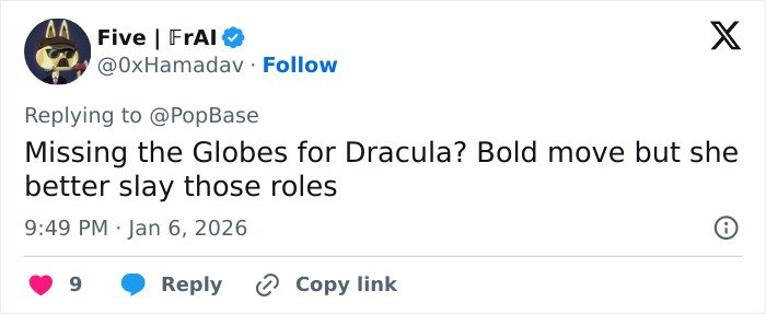 X screenshot: reply about Cynthia Erivo skipping the Golden Globes for Dracula, user avatar and timestamp visible