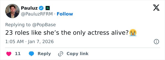 Tweet screenshot replying to @PopBase: 23 roles like she's the only actress alive? 😭 mentioning Cynthia Erivo