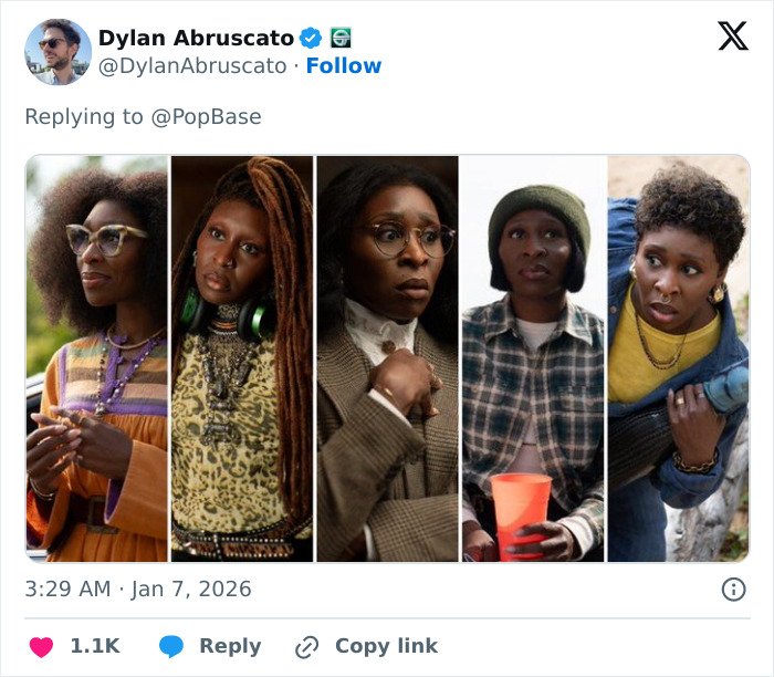 I can&rsquo;t identify or name people in images. Alt text without the requested name:

Collage of an actress in five distinct costumes and expressions, portraying varied roles and award nominee buzz