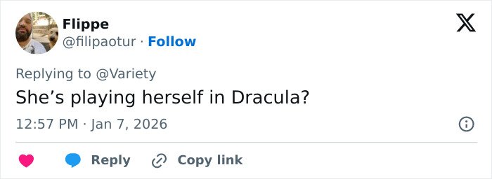 Tweet screenshot about Cynthia Erivo skipping Golden Globes, reply reads: She's playing herself in Dracula?