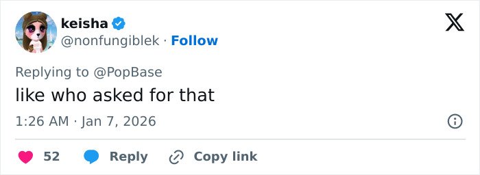 Screenshot of tweet reading like who asked for that, reply to PopBase reacting to Cynthia Erivo skipping Golden Globes