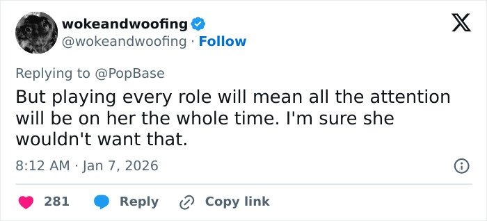 Tweet screenshot about Cynthia Erivo and Golden Globes, noting playing every role would put attention on her, Jan 7, 2026