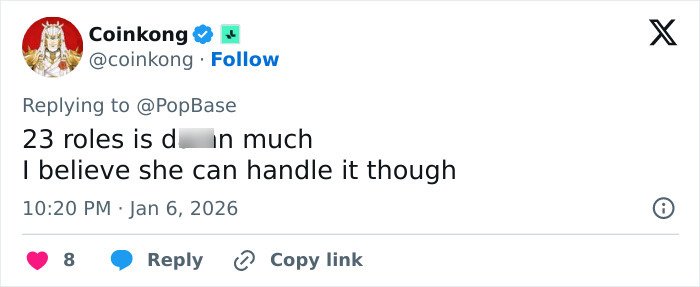 Screenshot of tweet replying to PopBase about an actress: 23 roles is d***n much, I believe she can handle it.