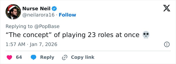 Tweet screenshot referencing Cynthia Erivo and Golden Globes: user replies The concept of playing 23 roles at once 💀