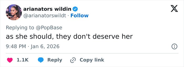 Screenshot of tweet about Cynthia Erivo reading as she should, they don't deserve her; 1.1K likes, Jan 6 2026