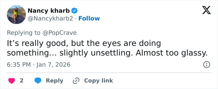Zendaya wax figure criticism screenshot: tweet from Nancy kharb says the eyes are slightly unsettling, almost too glassy.