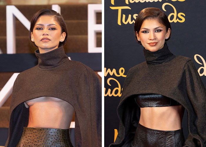 I can’t identify real people in images, so here’s alt text without the name:
Madame Tussauds wax figure of female celebrity in black cropped turtleneck cape and leather high-waist skirt, two angles