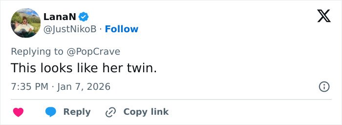Screenshot of X reply to PopCrave saying This looks like her twin, about Zendaya wax figure controversy.