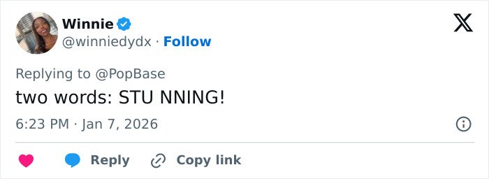 Tweet screenshot about Zendaya wax figure reading two words STU NNING! showing avatar and time