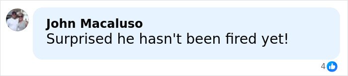 Comment bubble reads John Macaluso Surprised he hasn't been fired yet, with like icon and avatar — Gay couple responds