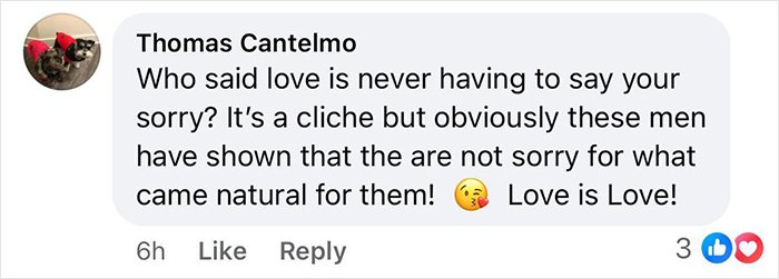 Social media comment praising a gay couple, saying Love is Love, with 3 reactions and like/reply indicators