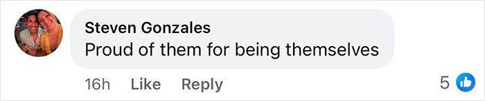 Facebook comment from Steven Gonzales reading Proud of them for being themselves supporting gay couple, 5 likes