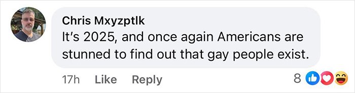 Facebook comment about gay couple: a user says Americans are stunned gay people exist, reactions visible