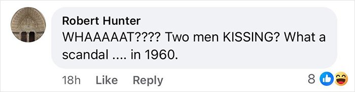 Gay Couple Facebook screenshot of a comment mocking two men kissing, sarcastic what a scandal and emoji