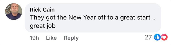 Facebook comment praising gay couple after New Year's Eve kiss, profile photo and 27 likes
