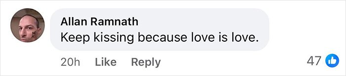 Screenshot of comment saying Keep kissing because love is love, linked to gay couple responds after viral New Year’s Eve kiss