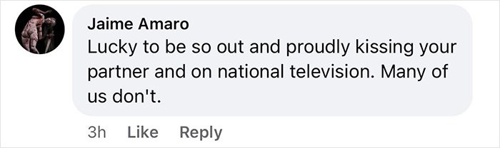 Screenshot of a Facebook comment supporting a gay couple proudly kissing on national television