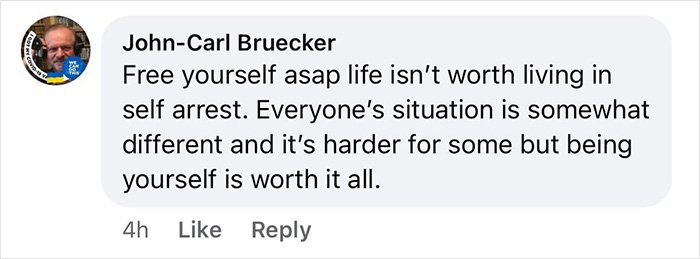 Facebook comment screenshot: John-Carl Bruecker urging self-acceptance and being yourself; gay couple