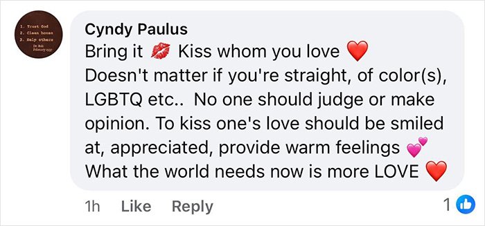 Supportive social media comment praising a gay couple kissing, urging love and acceptance