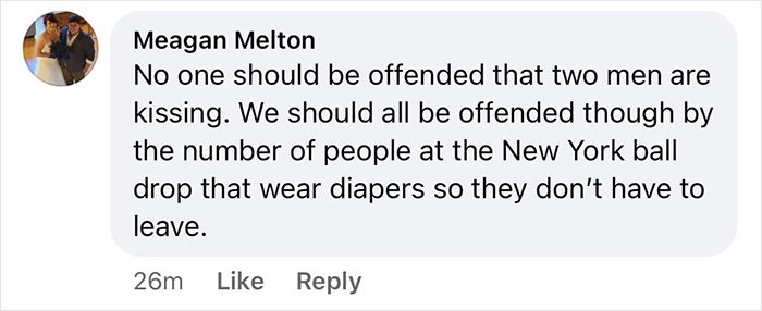 Social media screenshot of a comment criticizing two men kissing on New Year's Eve, gay couple responds referenced.