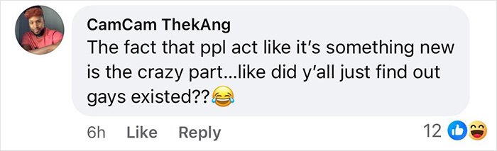 Gay couple comment screenshot: social media user mocks people acting like gays are new, profile photo and 12 reactions.