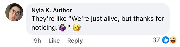 Facebook comment screenshot by Nyla K. Author with avatar reading they're just alive but thanks for noticing, gay couple